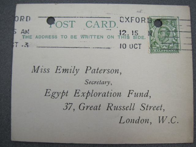 Postcard to Emily Paterson from F. L. Griffith 9 October 1913 (COR.013.f) author's photograph, reproduced with kind permission of the EES.